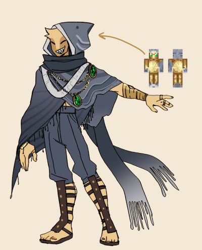 This is a drawing of Foolish. The artist has interpreted Foolish to be more totem-like and the shark aspects as a sort of cloak around him. He wears grey pants and laced Roman sandals that go up to his knees. He also wears large emerald pendants on his chest. Gold jewelry accents his fingers, neck, and wrists. He also wears golden gauntlets.